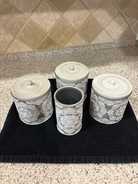 4 Piece Vanity Set For The Bathroom. Grey With White Cut Out Design By Bino